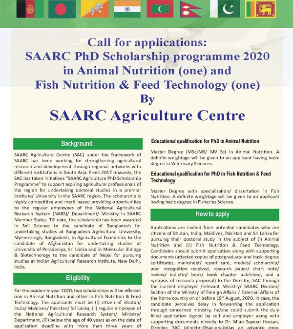 SAARC Agriculture Ph. D. Scholarship Programme 2020